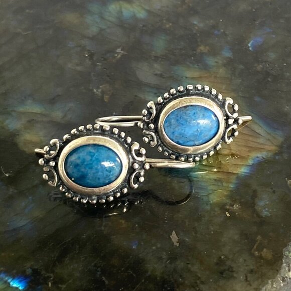 Sterling Silver 925 Oval Blue Denim Lapis Scrollwork Dangle Kidney Wire Earrings - Picture 4 of 16